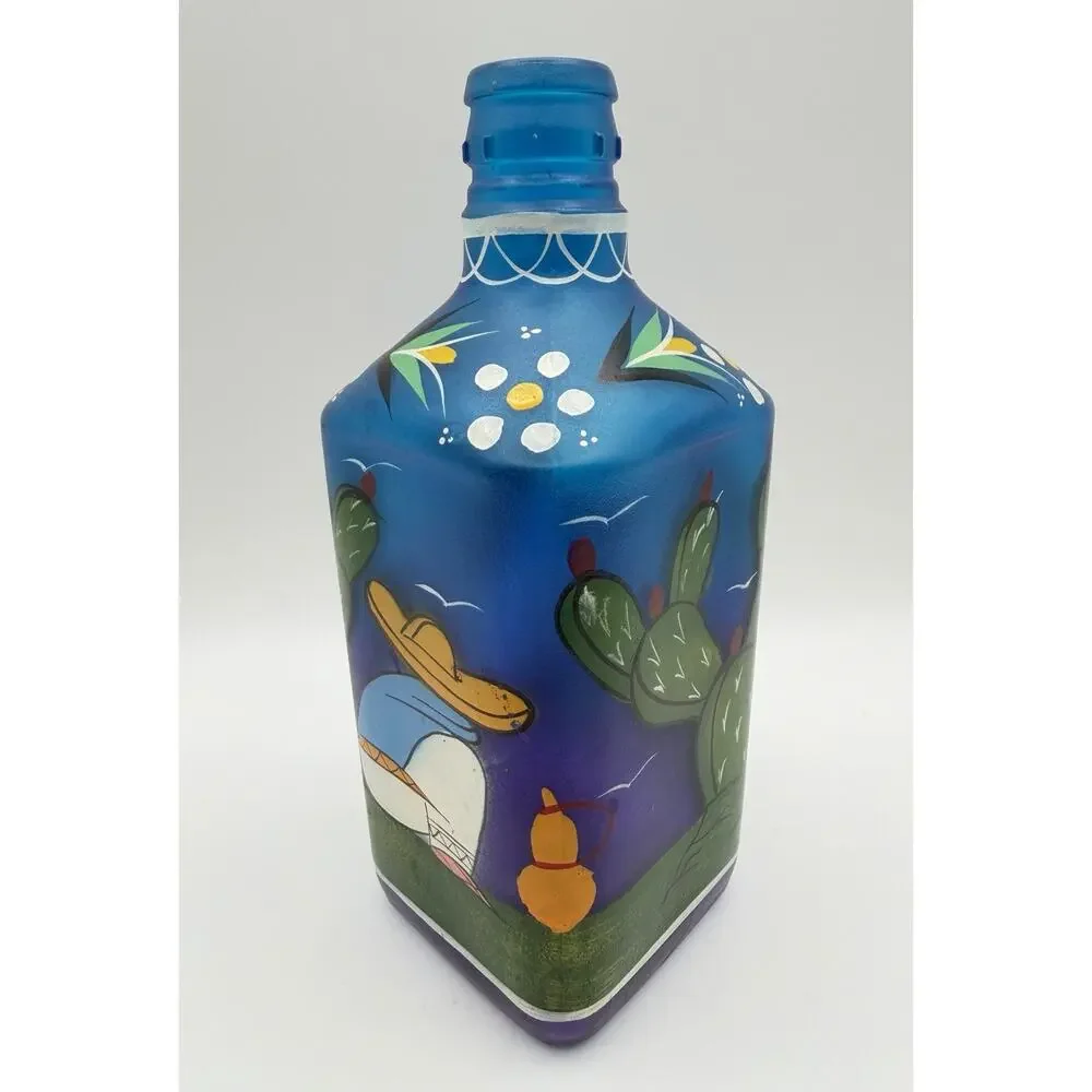 Blue Frosted Glass Siesta Sleeping Man Bottle 10” Hand Painted Bar Decor Mexico